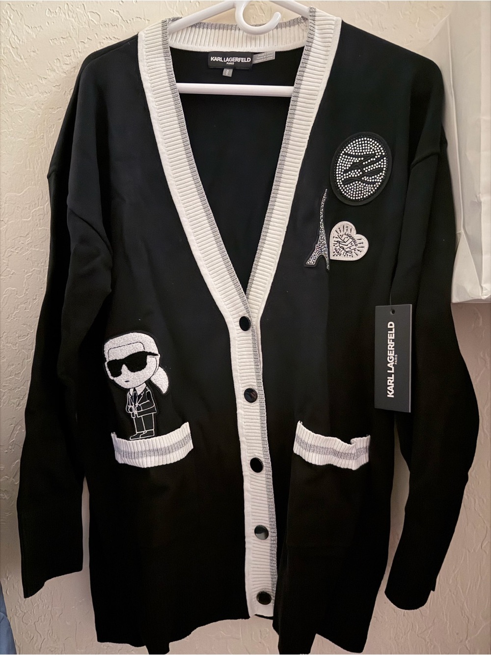 Karl Lagerfeld Black Cardigan with White Trim and Embroidered Patches